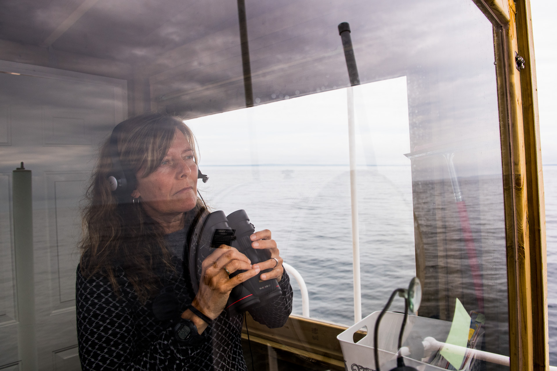 Biologist Holly Hoggan from Canadian Wildlife Services (Environment Canada) conducts bird surveys inside a look out box onboard Leeway Odyssey during the Gulf of St. Lawrence Expedition. The Expedition is a joint venture between Oceana Canada and Fisheries and Oceans Canada. Nova Scotia.